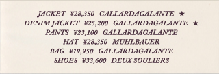 JACKET ￥28,350 GALLARDAGALANTE,DENIMJACKET ￥25,200 GALLARDAGALANTE,PANTS ￥23,100 GALLARDAGALANTE,HAT ￥28,350 MUHLBAUER,BAG ￥19,950 GALLARDAGALANTE,SHOES ￥33,600 DEUX SOULIERS