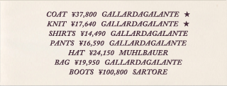 COAT ￥37,800 GALLARDAGALANTE,KNIT ￥17,640 GALLARDAGALANTE,SHIRTS ￥14,490 GALLARDAGALANTE,PANTS ￥16,590 GALLARDAGALANTE,HAT ￥24,150 MUHLBAUER,BAG ￥19,950 GALLARDAGALANTE,BOOTS ￥100,800 SARTORE